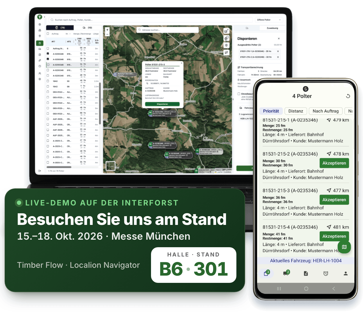 Timber Flow auf Laptop und Smartphone. Live-Demo auf der Interforst, 15.–18. Oktober 2026, Messe München, Halle B6, Stand 301